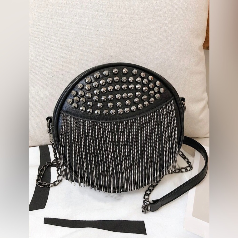 Fun Studded Fringed Round Crossbody Little Black Purse NEW
